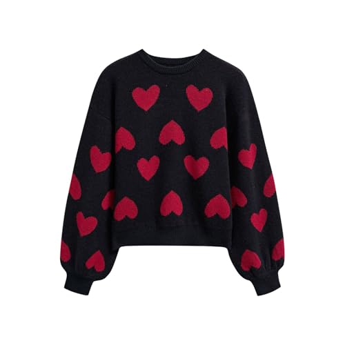 CHICWISH Women Romantic Hearts Knit Sweater Puff Long Sleeve Crew
